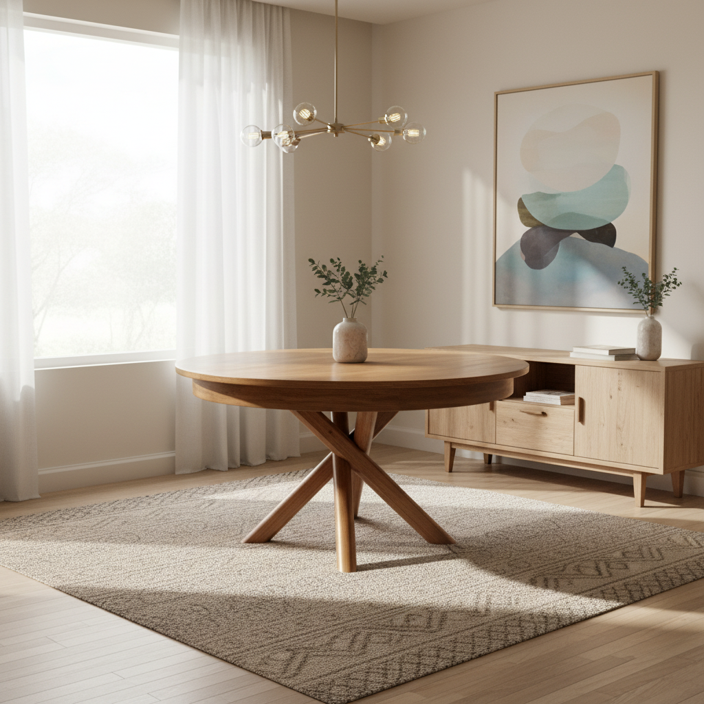 Mesa redonda en un ambiente de área de comedor.