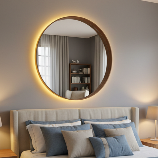 Espejo redondo con marco y luz, dentro de una recámara.