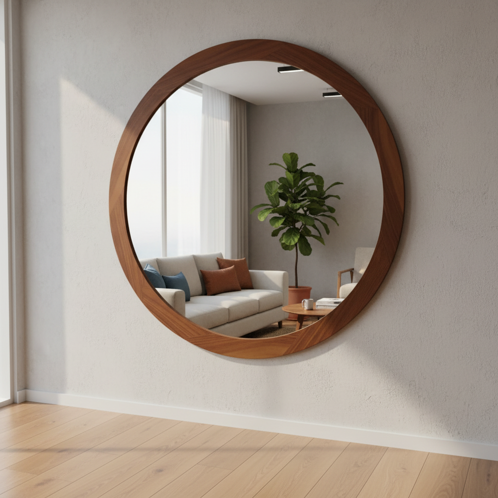 Espejo redondo con marco de madera, en un ambiente de sala.