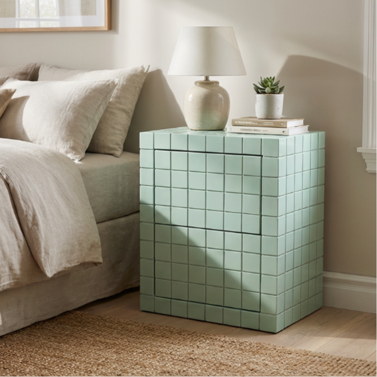 Buró con dos cajones funcionales junto a una cama, viendo el funcionamiento del mueble.