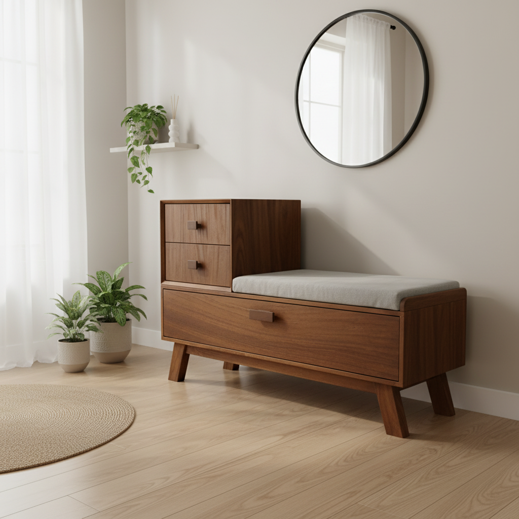 Recibidor con banca tapizada en chapado parota, ideal para almacenar zapatos.