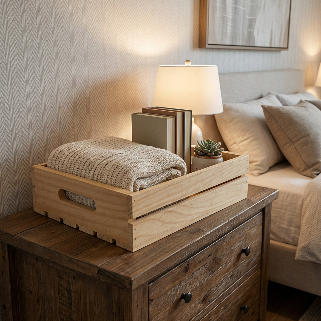 Boxe de madera natural, para almacenar cosas dentro de una recámara.