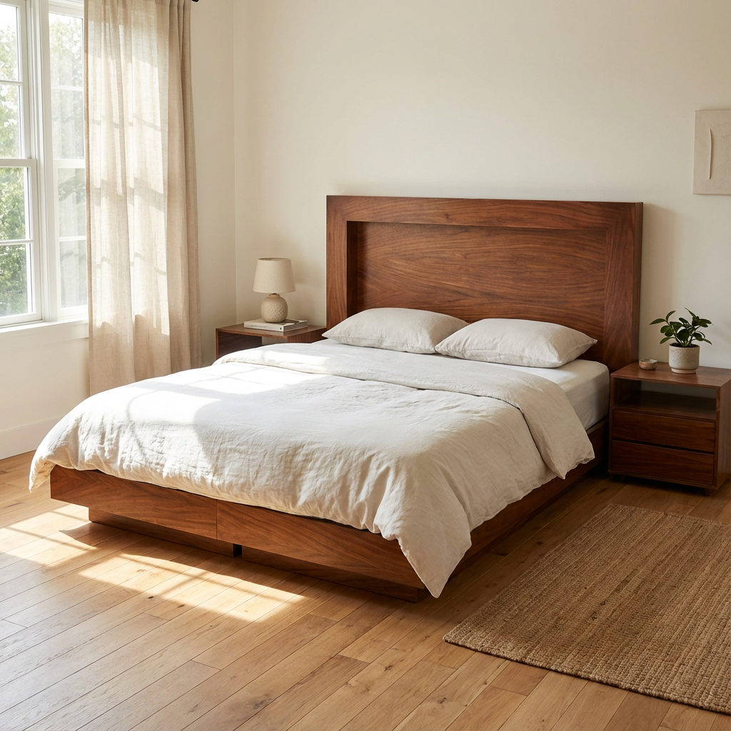 Recámara Nantes, base para cama con cabecera y burós integrados en color café barnizado, cuenta con cuatro tamaños, adáptalo a tu comodidad.