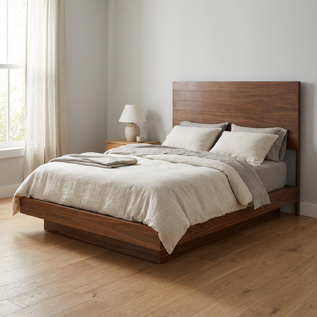 Recámara Trento, base de cama con cabecera integrada en color café oscuro y acabados de madera, tamaño matrimonial, con un estilo único.