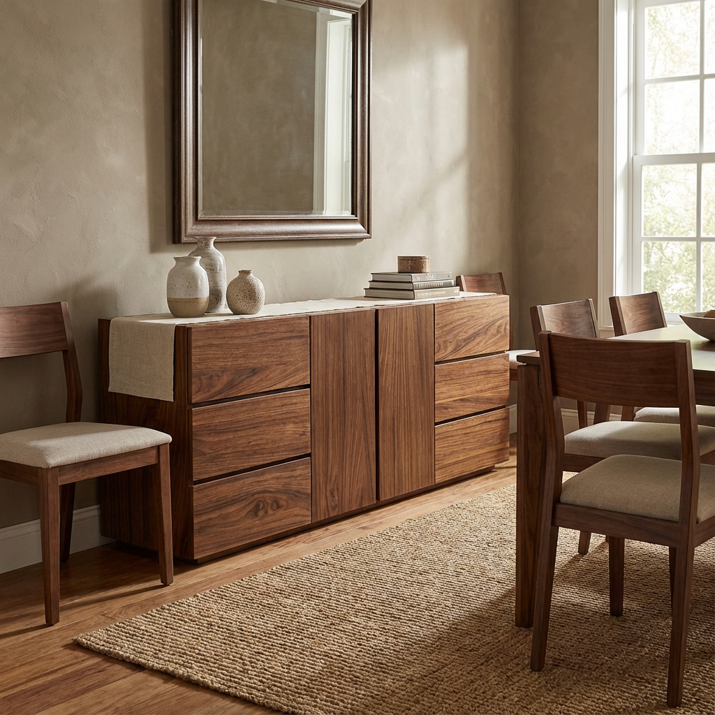 Bufetero de madera, dentro de un comedor, ideal para mantener en orden los accesorios de cocina.