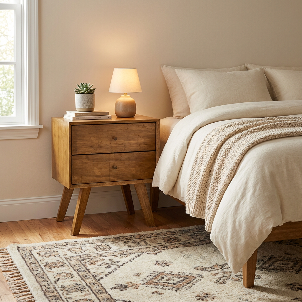 Buró Asti, con dos cajones, junto a una cama dando combinación y estilo.