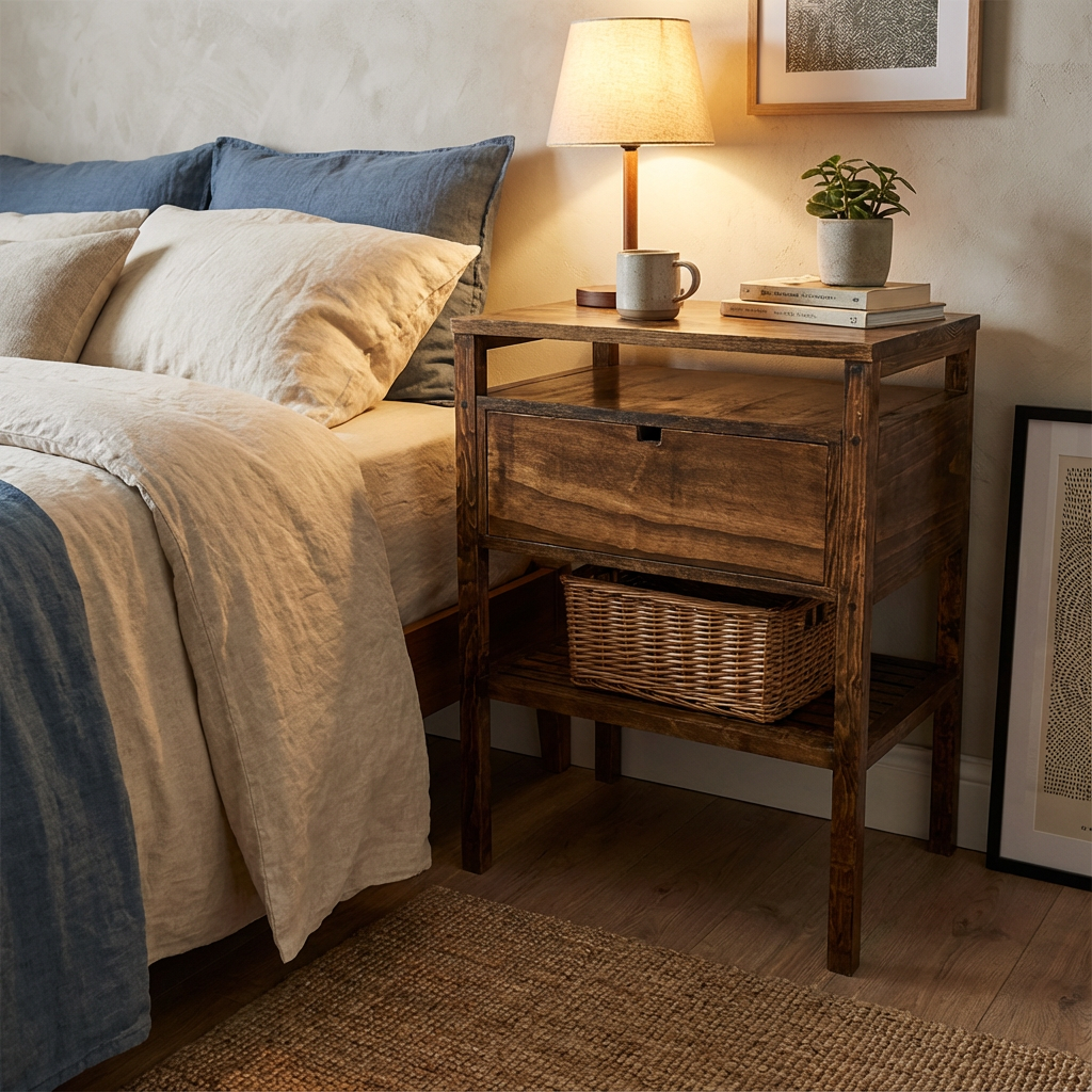 Buró estilo rústico, adaptado a una recámara, con accesorios para mostrar su funcionamiento.