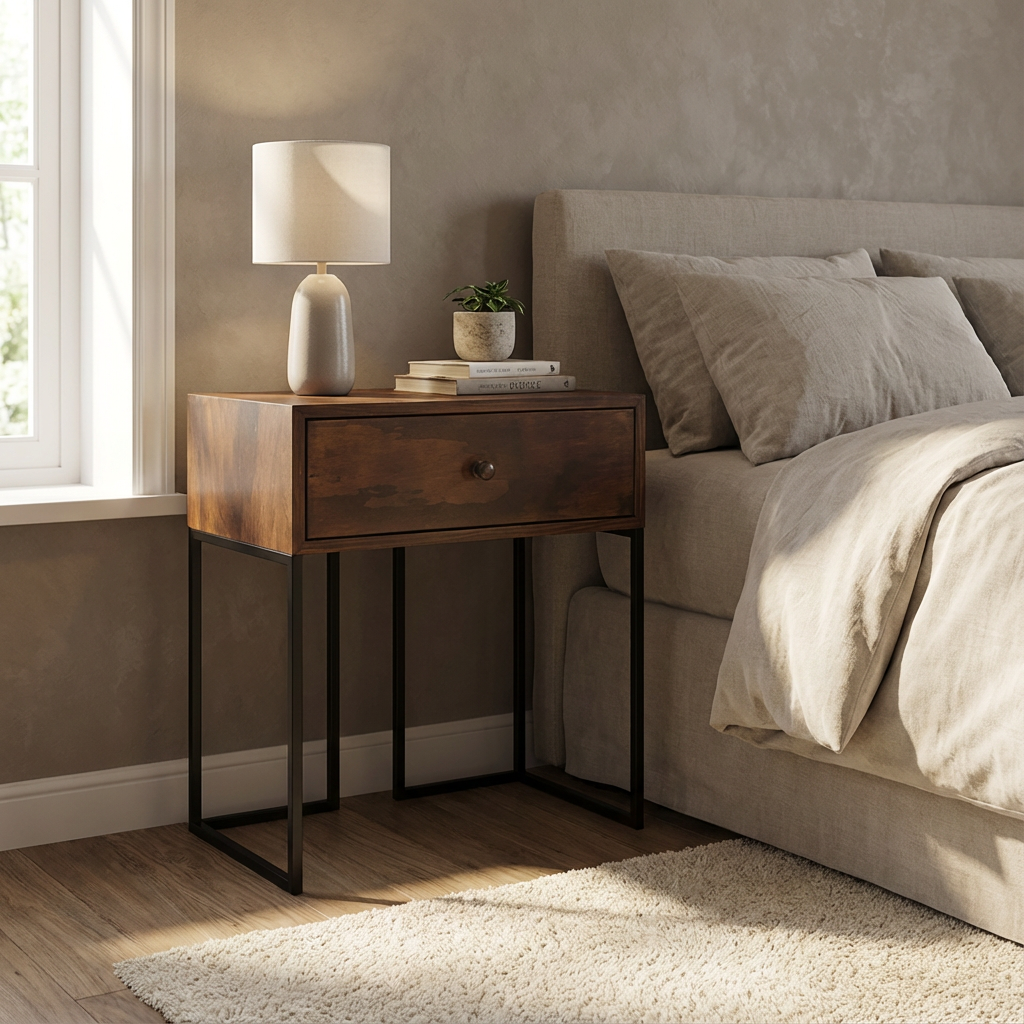 Buró Mathew junto a una cama dando un toque de como luce con accesorios.