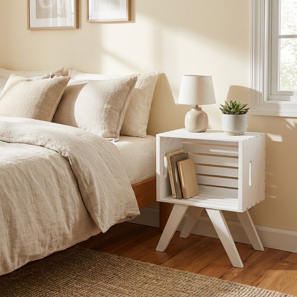 Buró Paolo Blanco junto a una cama, mostrando su funcionamiento teniendo accesorios encima de el buró.