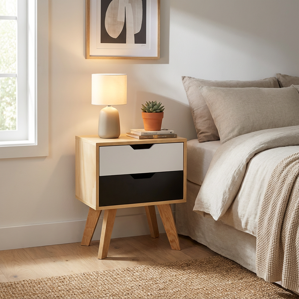 Buró Teodoro Black and White junto a una cama, mostrando su funcionamiento con accesorios.