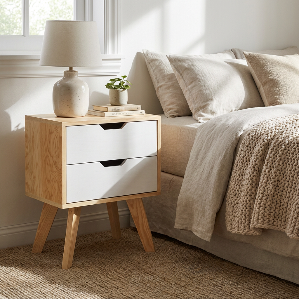 Buró Teodoro Nordic Edition, mostrandose junto a una cama, con accesorios encima del buró.