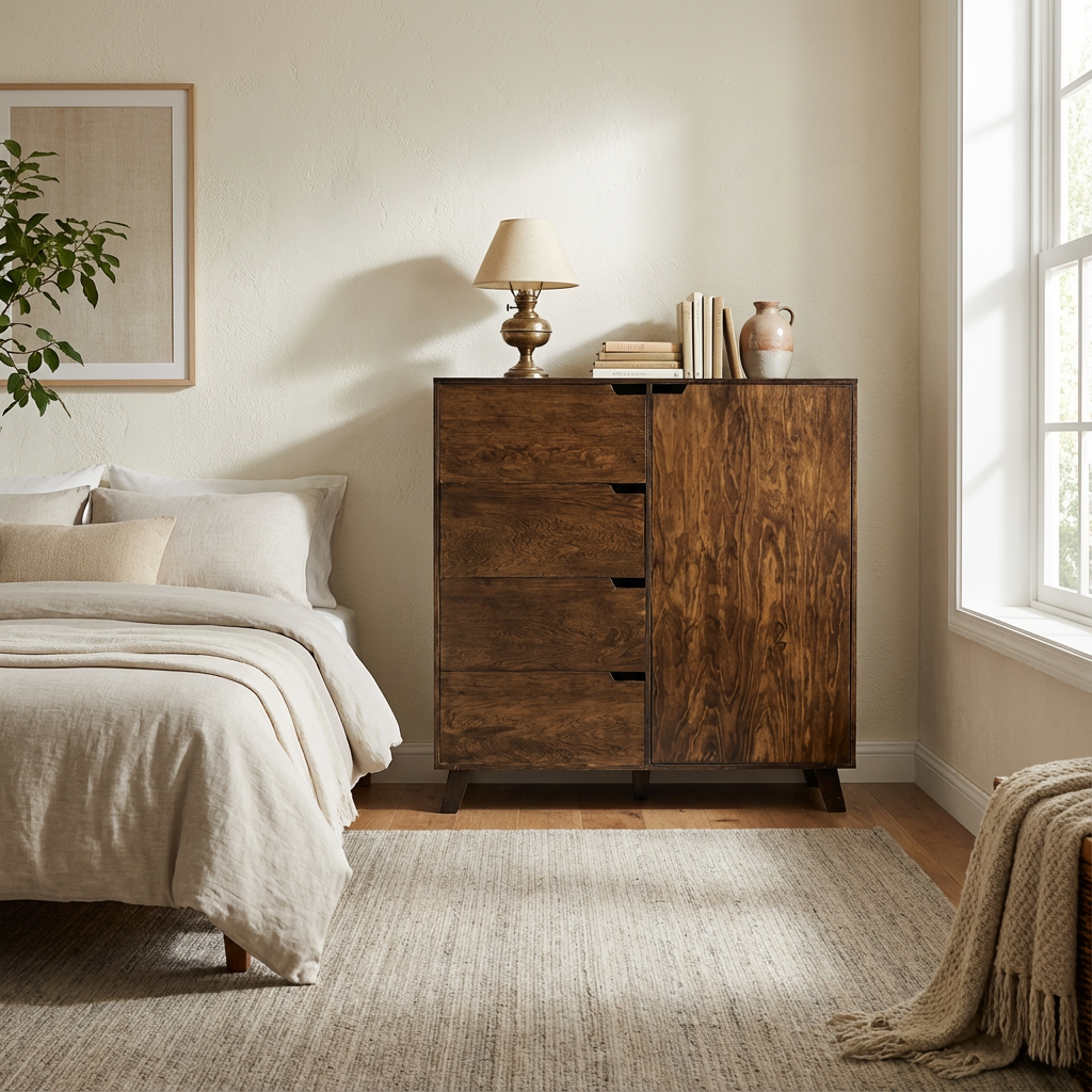 Cómoda Bruselas, mueble con cuatro cajones y una puerta que en su interior, mostrando su funcionamiento dentro de una recámara.