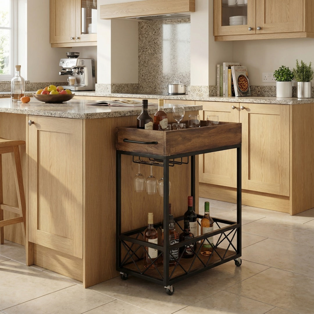 Carrito de servicio estilo industrial color olmo, en una cocina, mostrando el funcionamiento del carrito de servicio.