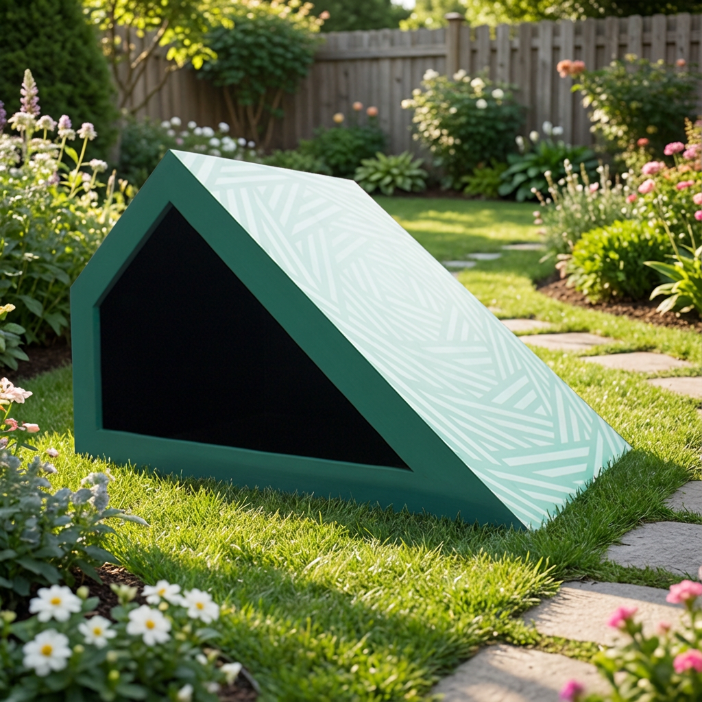 Casa para perro de madera, material MDF, luciendo en un jardín de casa.