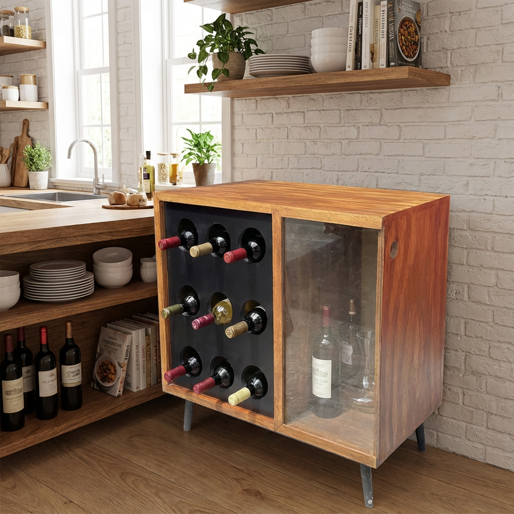 Cava de vinos Burdeos, dentro de una cocina, obteniendo la vista de su funcionamiento.