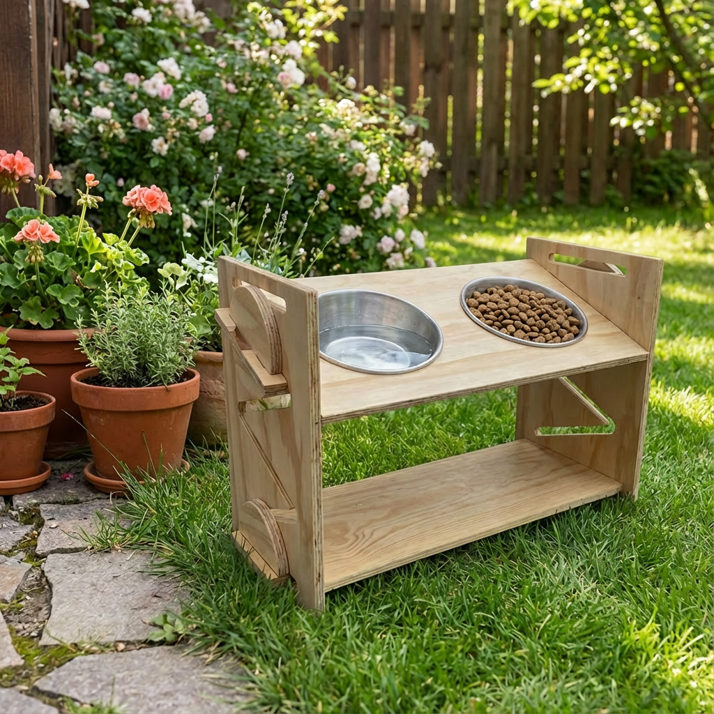 Comedero doble de madera para mascota, dos platos de metal en la parte superior, ideal para jardín.