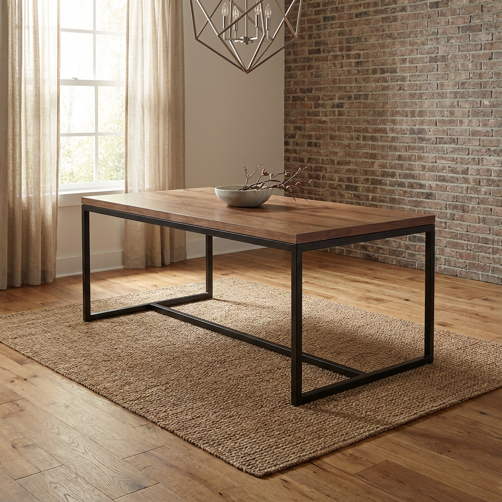 Mesa Hamburgo con una base cuadrada, acabado en nogal, se muestra en una área de comedor con un accesorio.