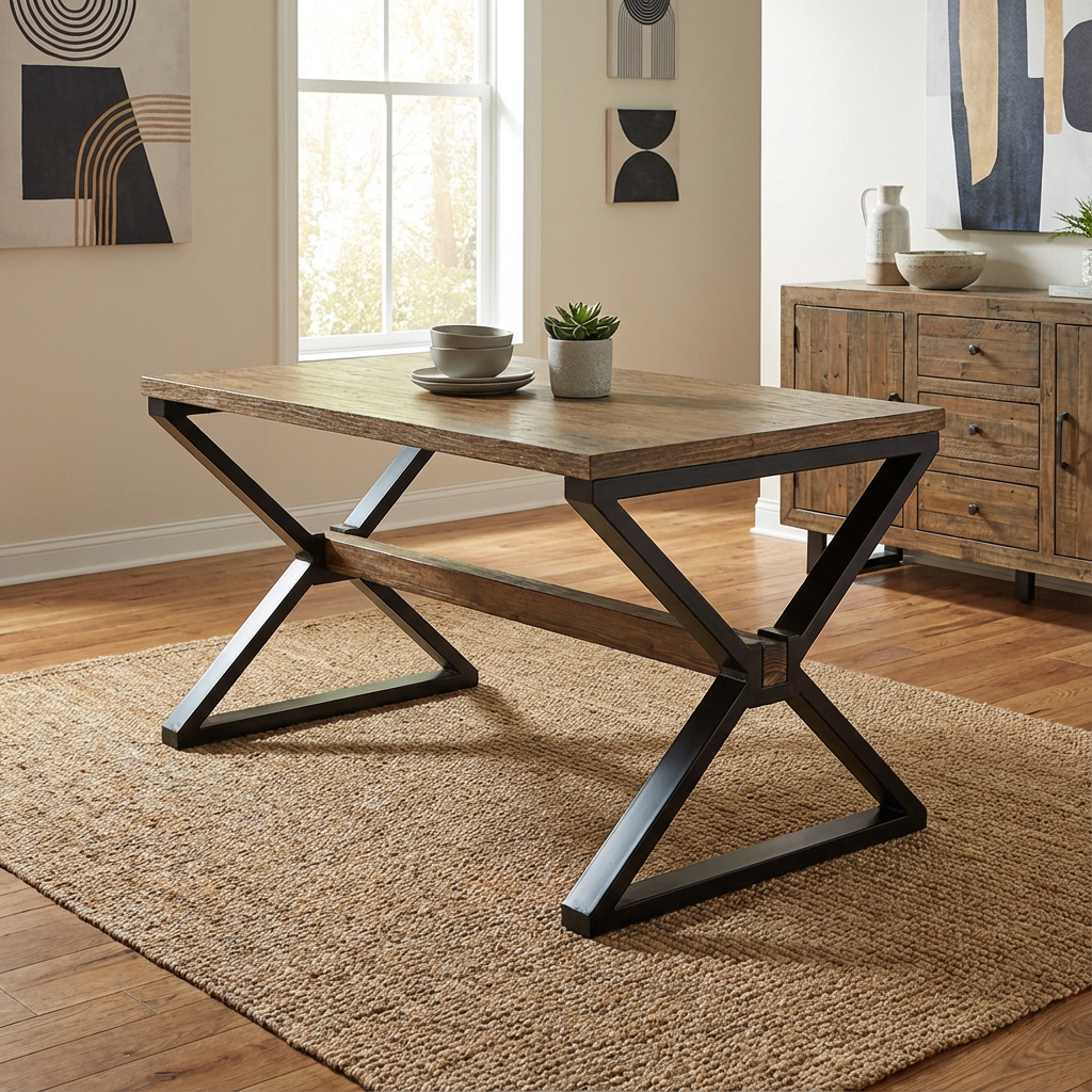 Comedor estilo industrial, dentro de la área de comedor, teniendo una combinación de muebles.