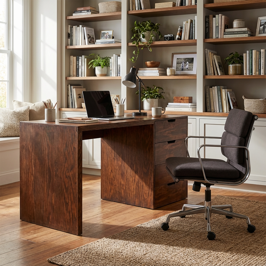 Escritorio Gerona dentro de una oficina, mostrando el funcionamiento del mueble, mostrando una silla ejecutiva.