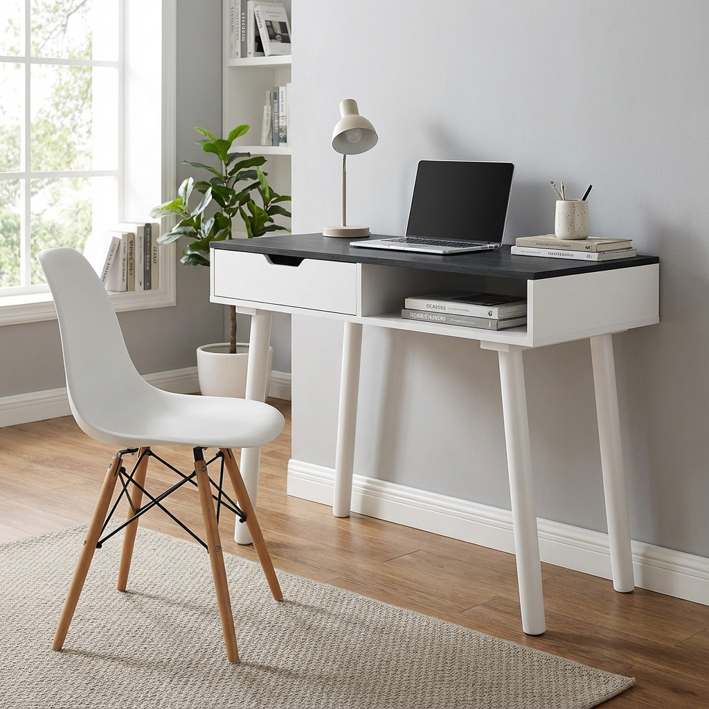 Escritorio Pisa dentro de una oficina, junto a una silla, mostrando el funcionamiento del mueble.