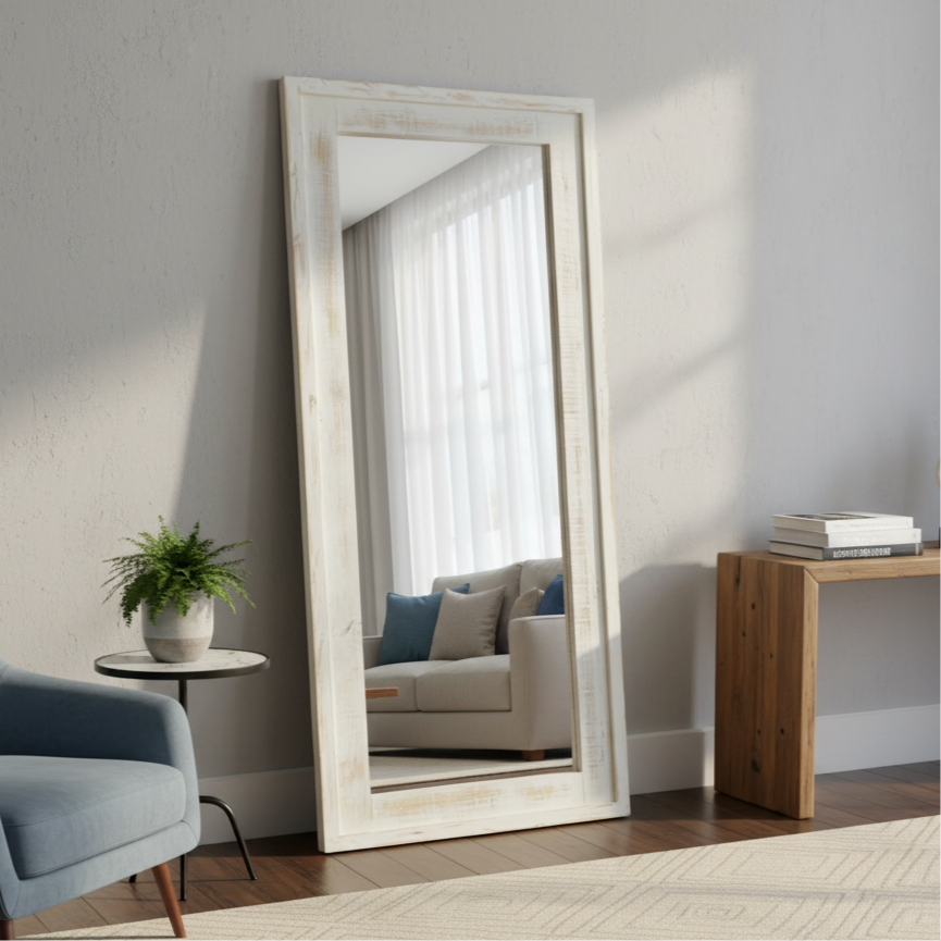 Espejo con marco de madera dentro de una sala.