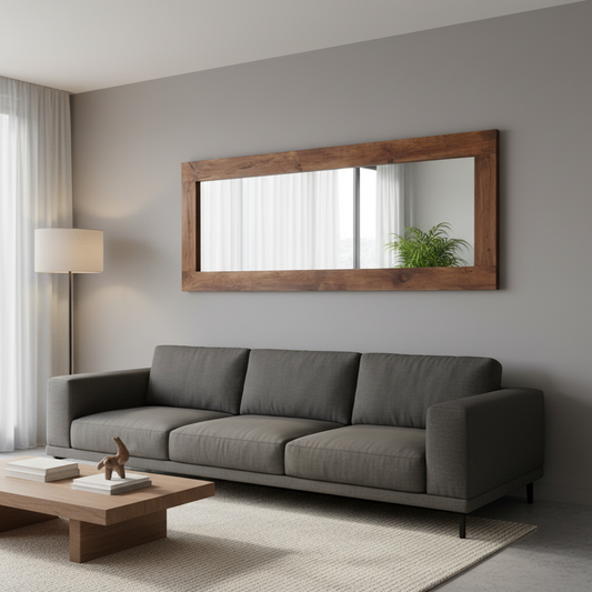 Espejo rectangular con marco de madera en una sala.