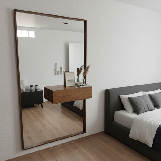 Espejo de pared con media repisa, dentro de una recámara para ver su funcionamiento.