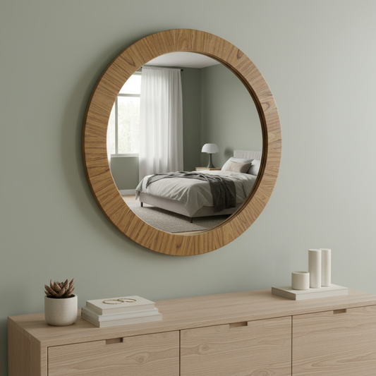 Espejo redondo dentro de una recámara que aporta estilo.