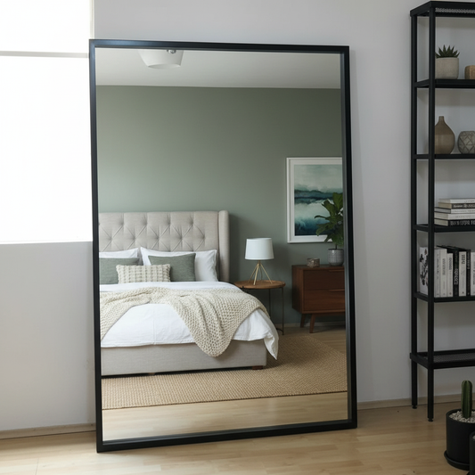 Espejoo gigante dentro de una recámara, con una luz natural.