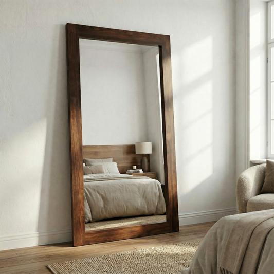 Espejo gigante con vista lateral, frente a una cama.