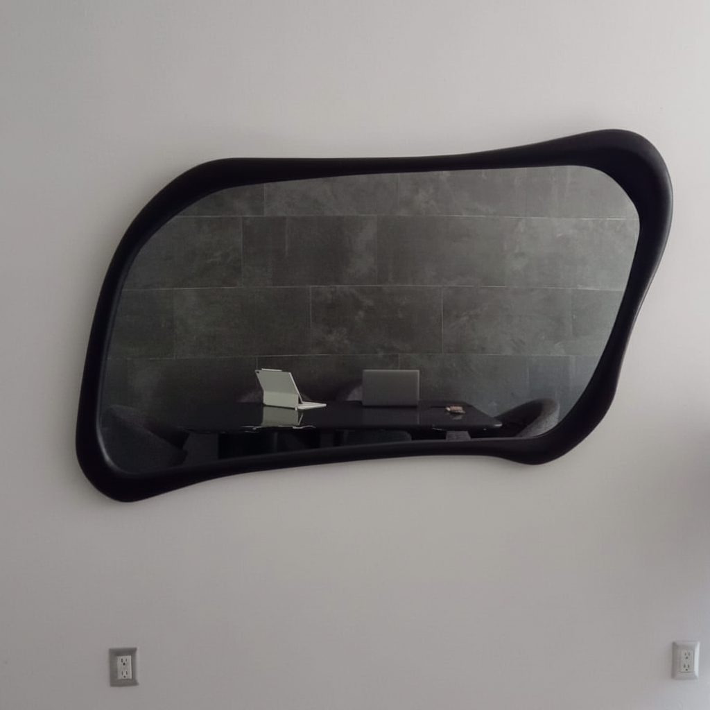 Espejo con forma artística tallado laca negro.