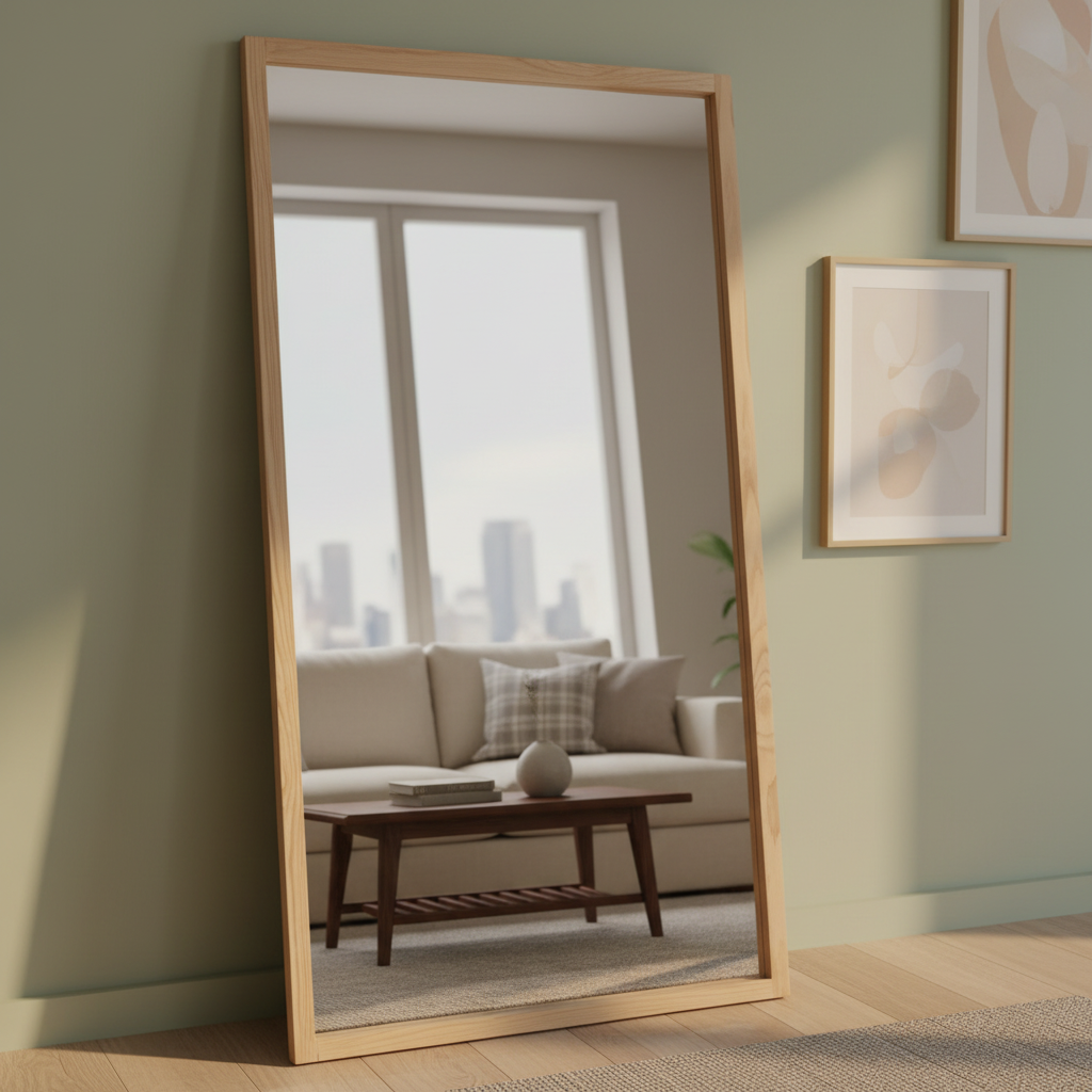 Espejo con marco de madera natural, frente a una sala