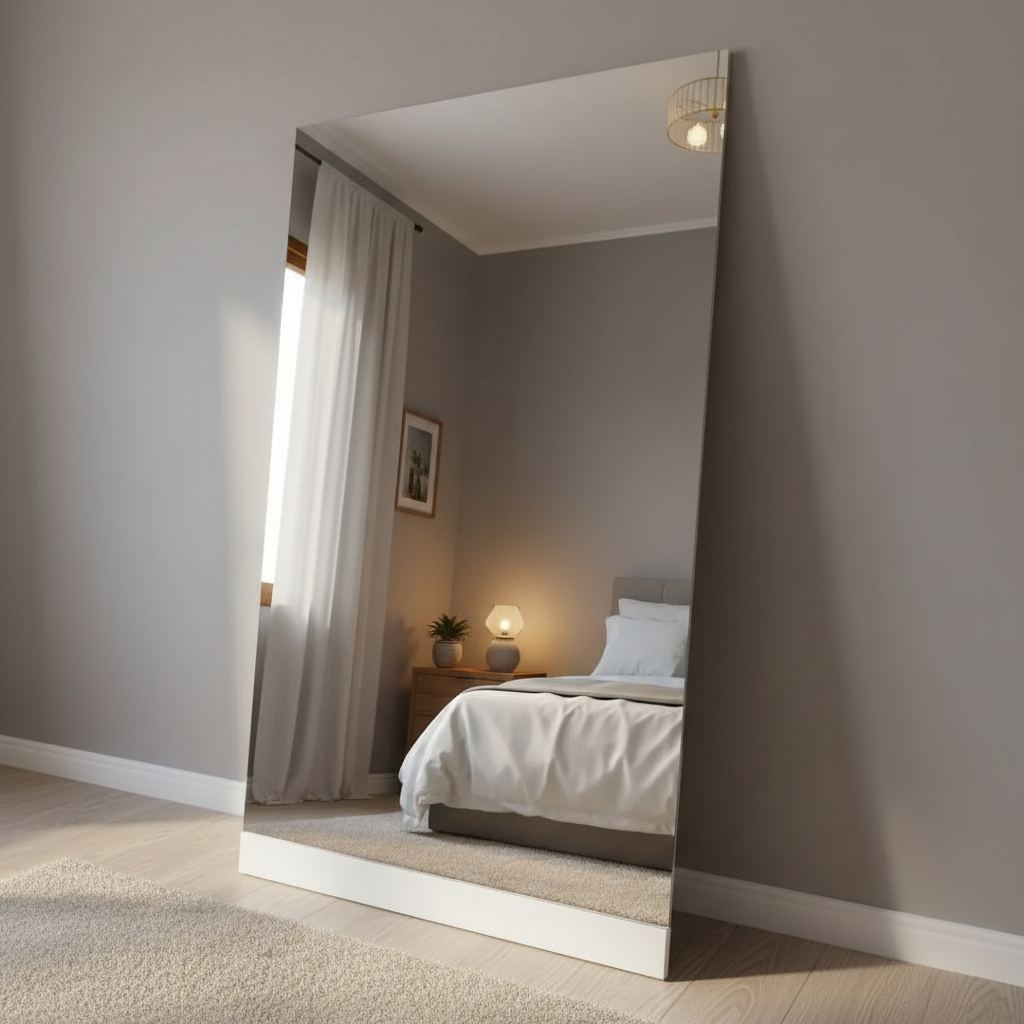 Espejo gigante con base inferior frente a una cama.