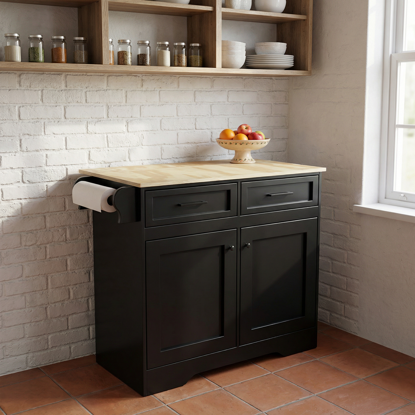 Isla de cocina con toallero y almacenamiento integrado.