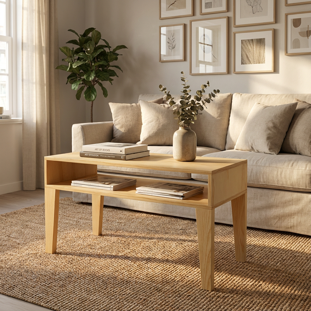 Mesa de centro dentro de una sala, viendo su funcionamiento con accesorios.