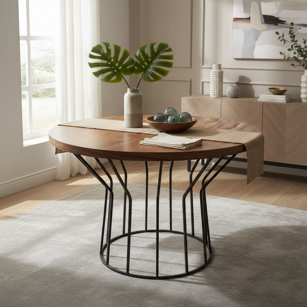 Mesa de comedor en un ambiente, con accesorios de hogar.