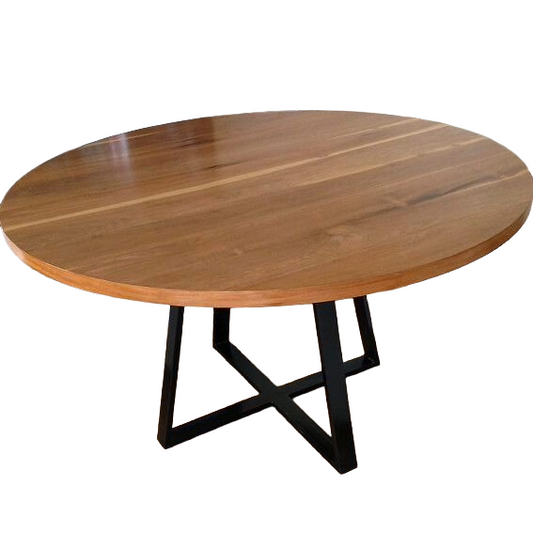 Mesa de comedor redondo, con base de herrería y vista superior mostrando acabado y detalles de la mesa.