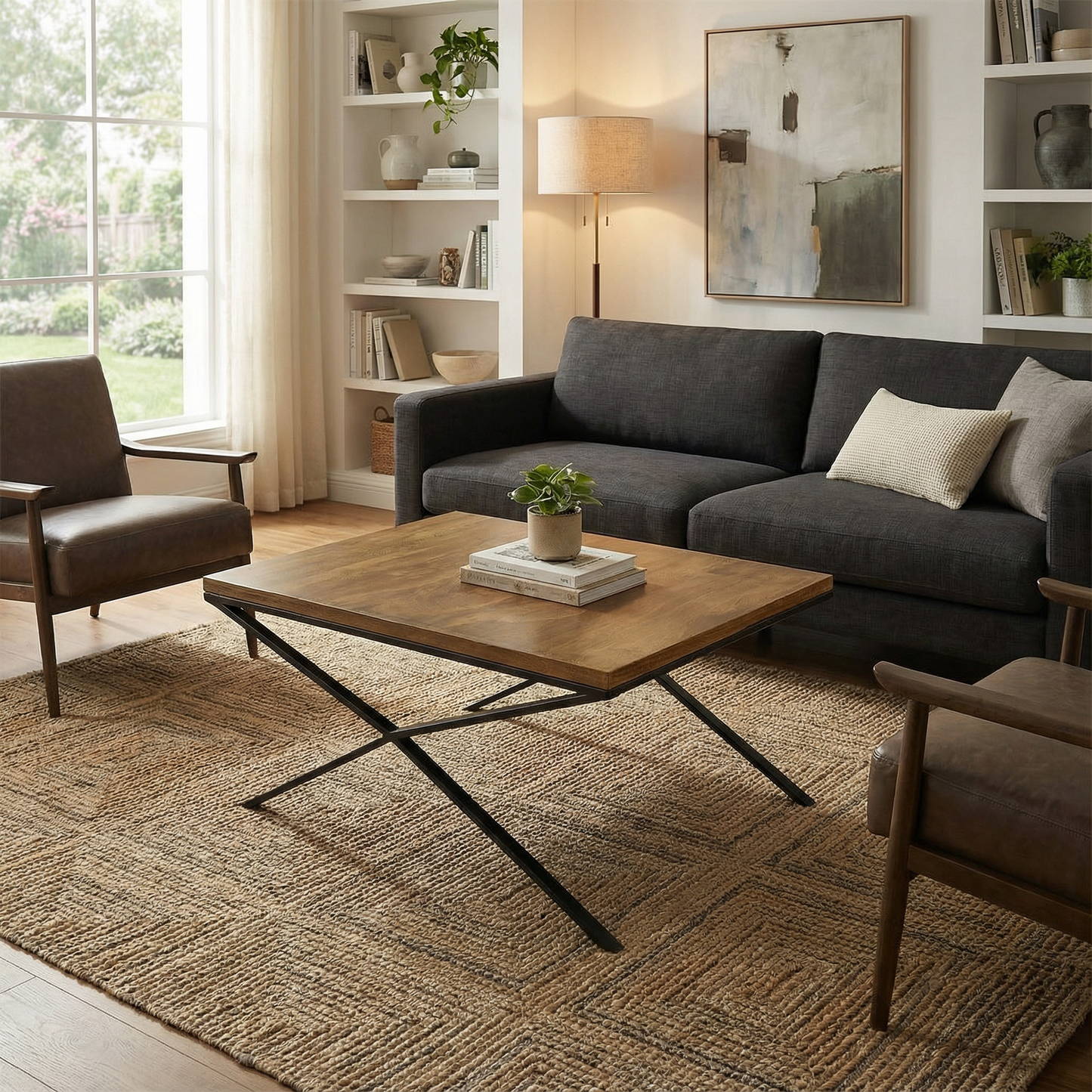 Mesa de centro, con vista lateral, dentro de una sala.