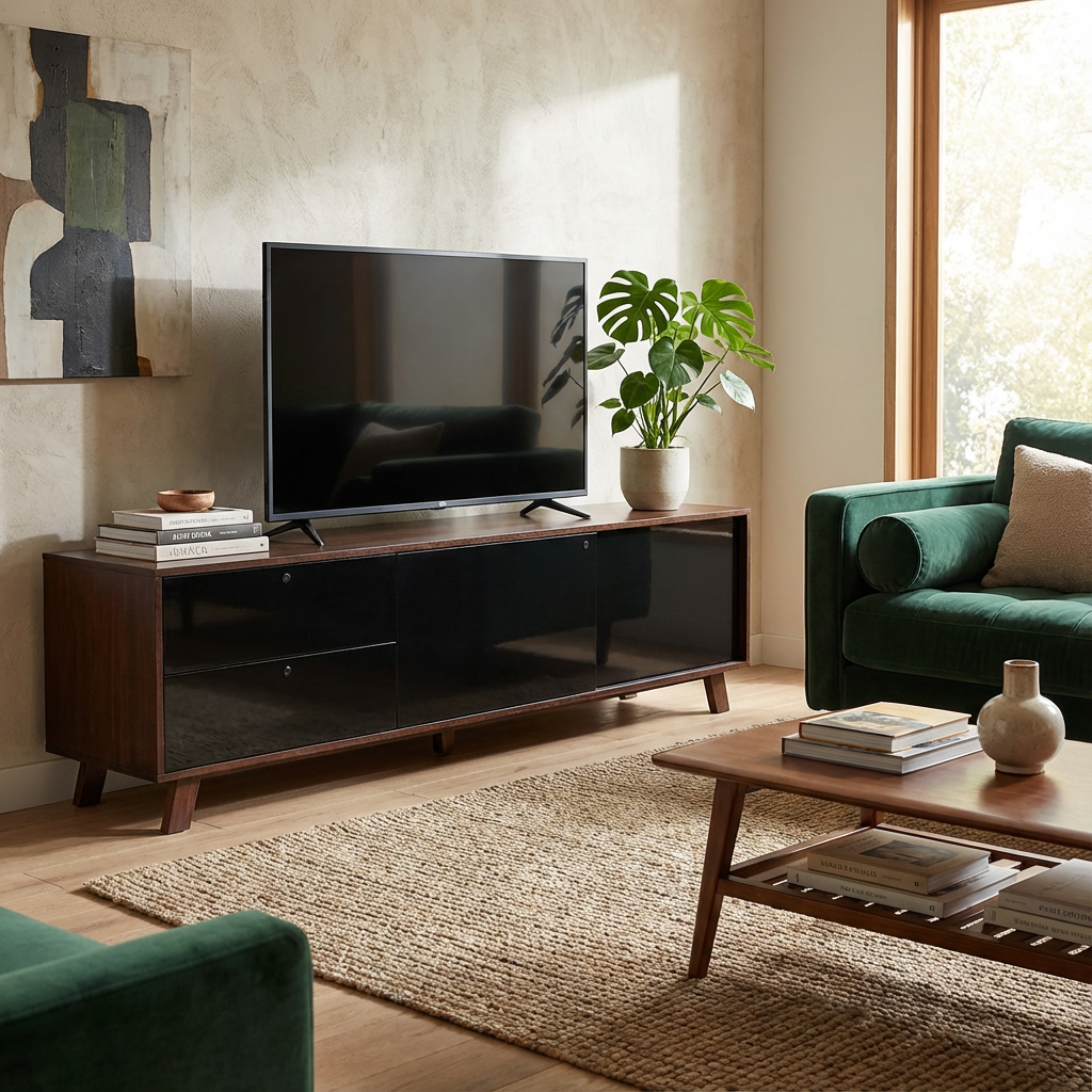 Mueble para TV en una sala, mostrando el funcionamiento del mueble con una televisión y accesorios.