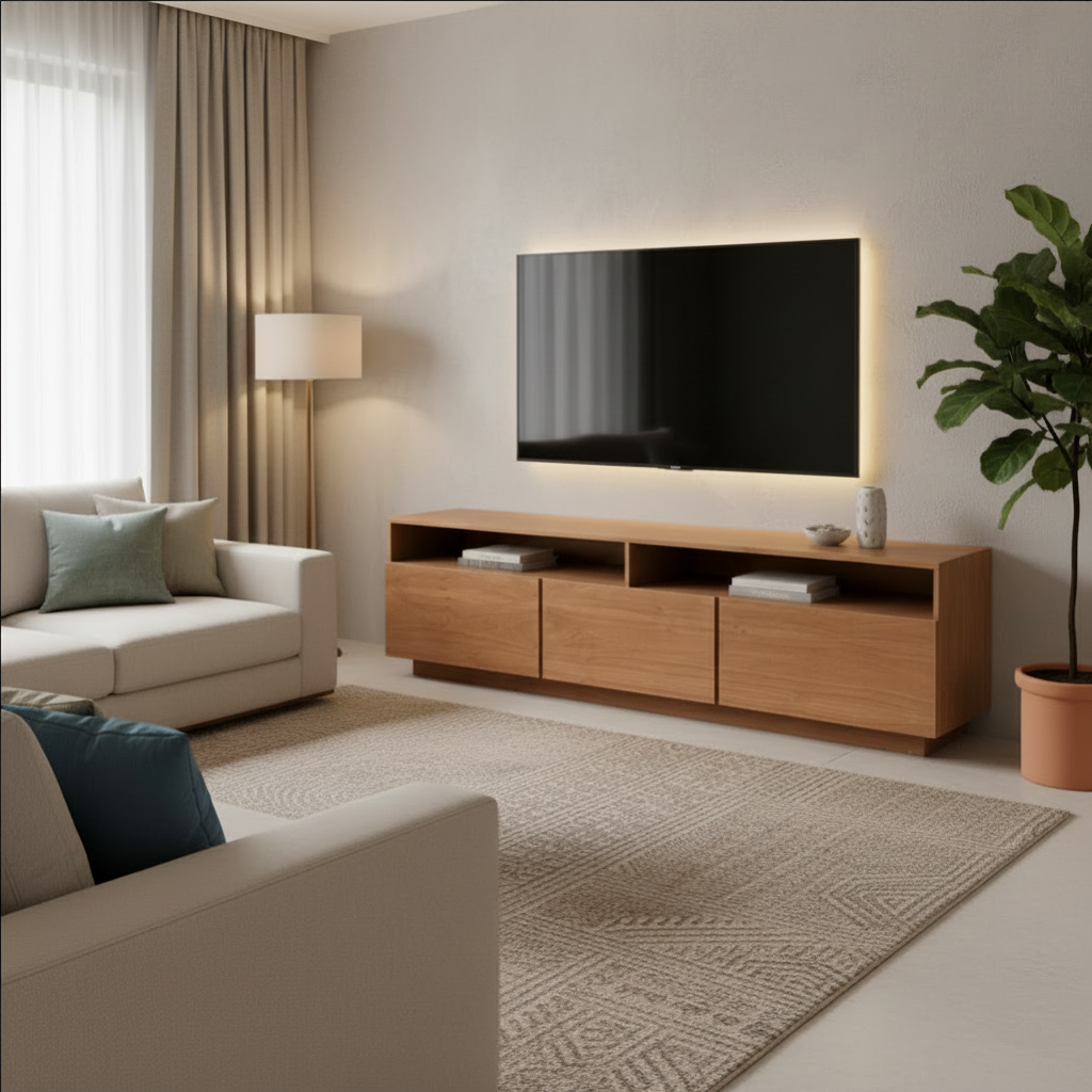 Mueble de TV en una sala para visualizar su funcionamiento.