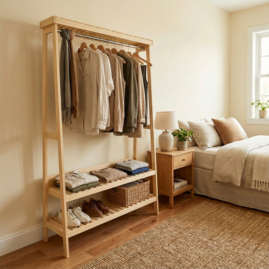 Organizador Soho junto a un buró, mostrando el funcionamiento del mueble con ropa y calzado.