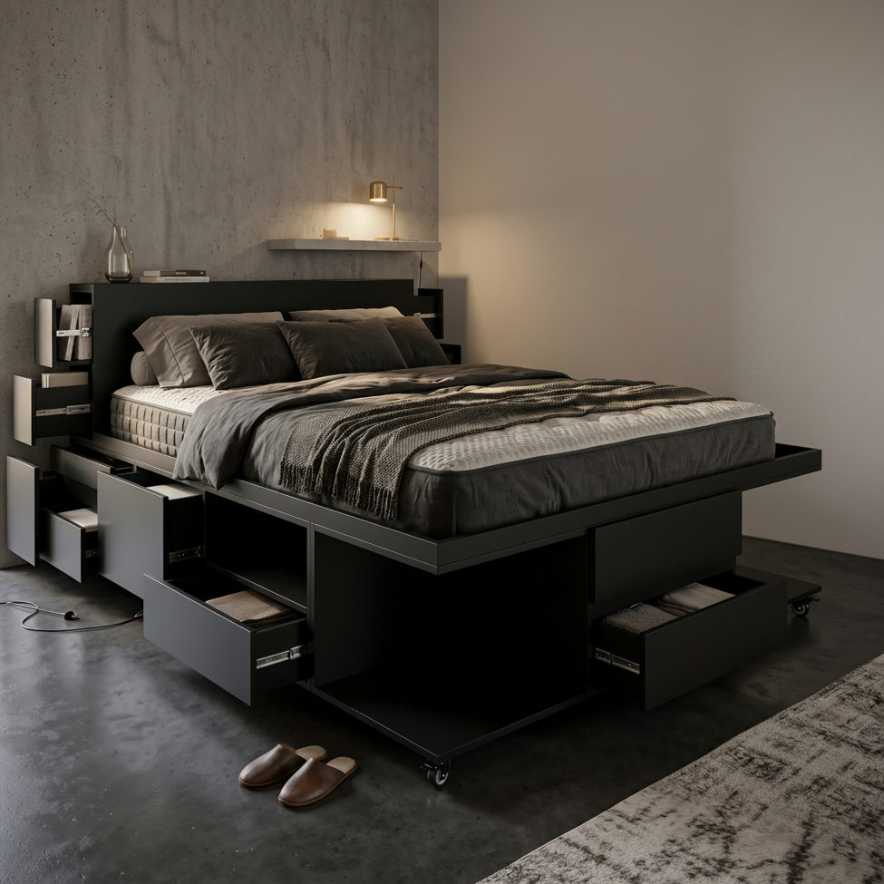 Base de cama con cajones en una recámara, mostrando su funcionamiento.