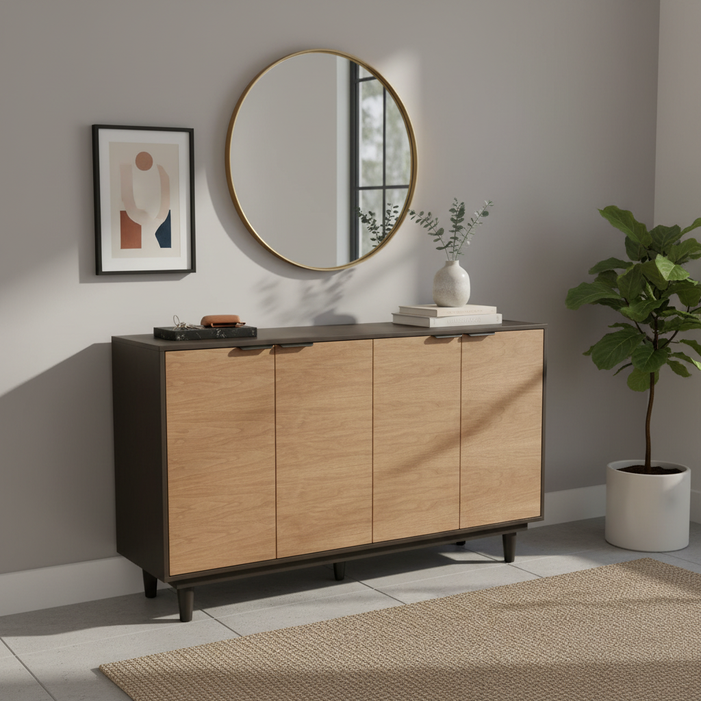Recibidor Alberta en una habitación de sala, mostrando parte del funcionamiento del mueble.