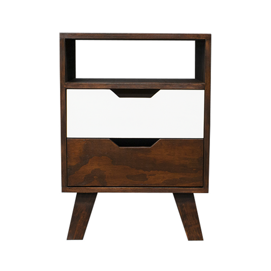 Buró Bruges Nogal, vista frontal del mueble con dos cajones en color café y blanco.