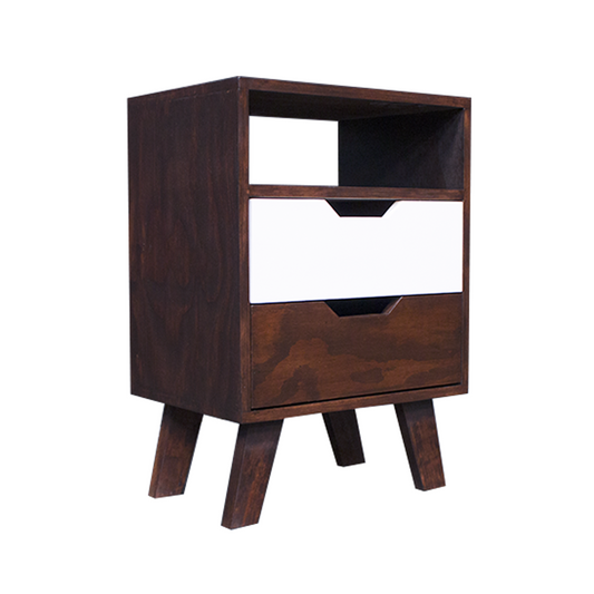 Buró Bruges Nogal, mueble con dos cajones en color café y blanco, además de contar con un tipo repisa en la parte superior.