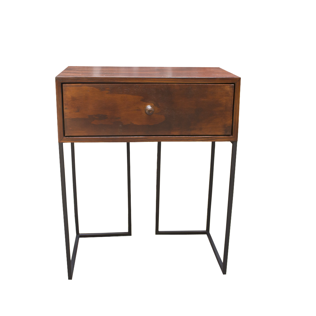 Buró Mathew, vista frontal del mueble en color café y negro, estilo minimalista. Buró estilo industrial