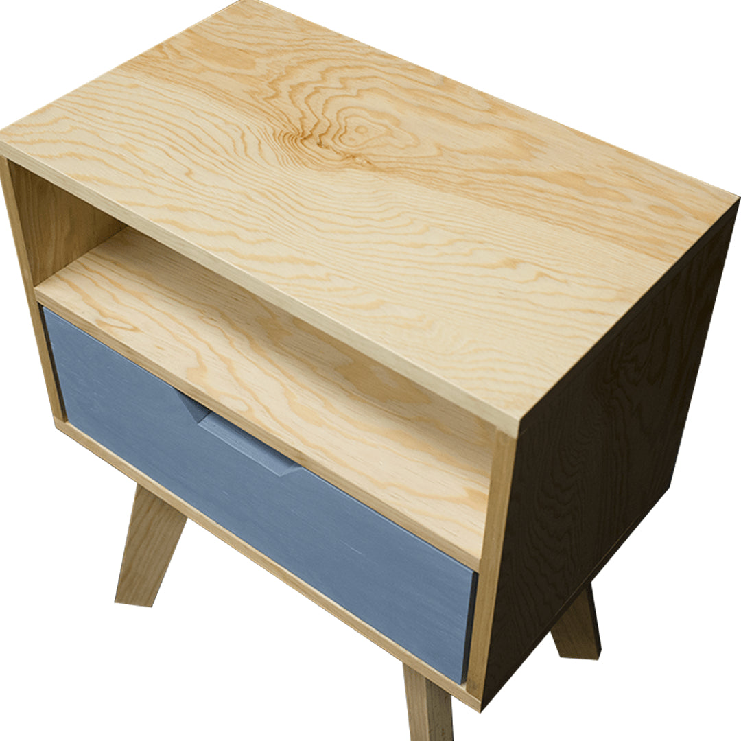 Buró Alcalá Grey, vista superior del mueble en color natural, repisa y cajón en color gris.