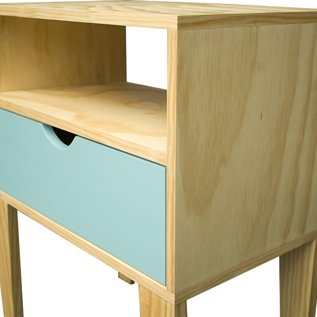 Buró Salamanca Mint, vista lateral del mueble con cajón en color menta y base natural. Buró estilo nórdico.