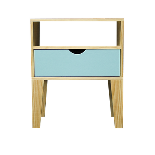 Buró Salamanca Mint, vista frontal del mueble con cajón y espacio tipo repisa en colores natural y menta. Buró estilo nórdico.