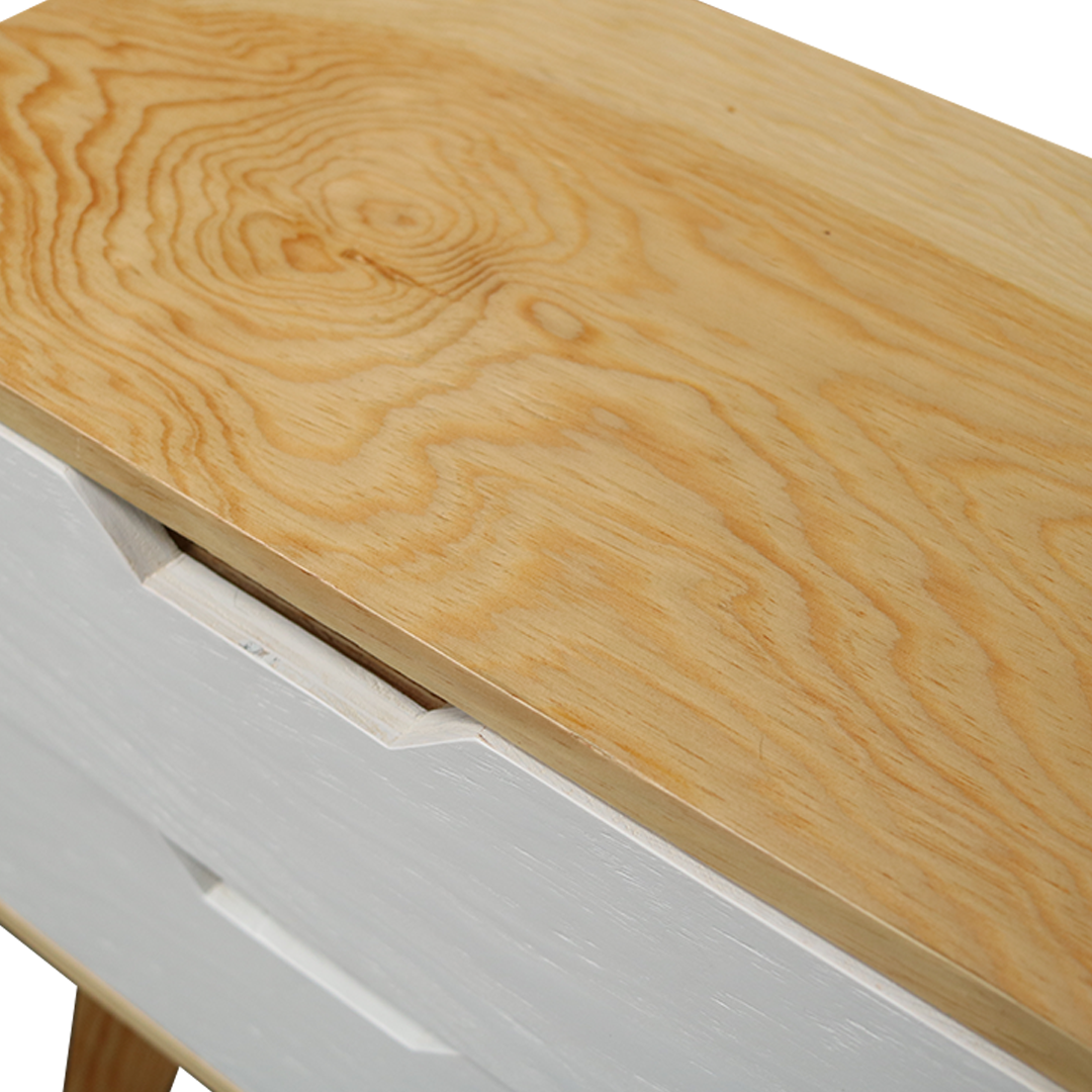 Buró Teodoro Nordic Edition, vista superior del buróen color natural y cajones en color blanco.